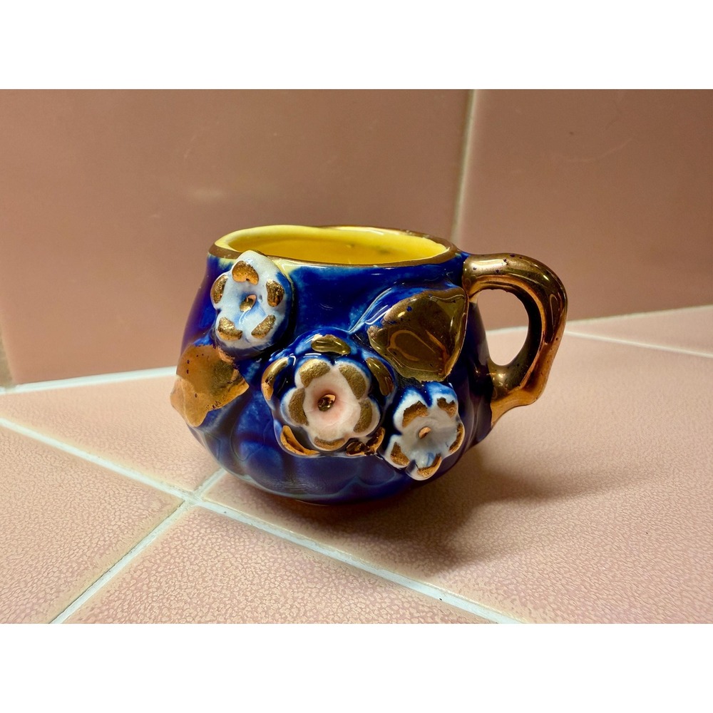 Vtg MK Japan Cobalt Blue Gold Miniature Creamer Pitcher Hand Painted 3D Floral